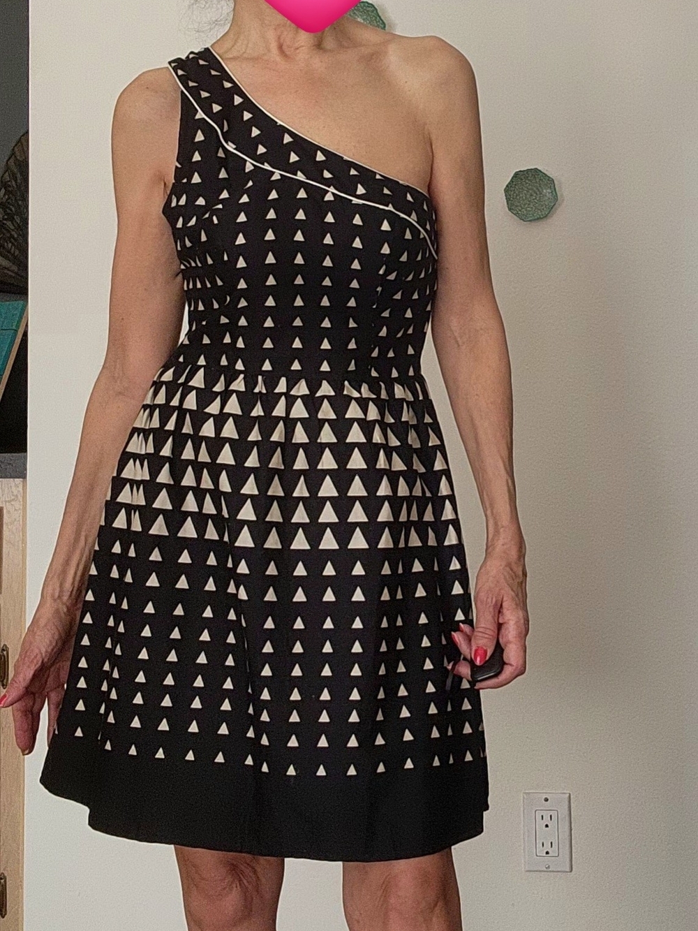 One-Shoulder Black and Off White Cotton Triangle Print Dress